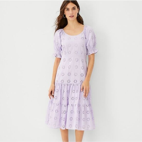 Ann Taylor Dress 18 Purple Eyelet Lace Scoop Neck Maxi Ruffle Puff Sleeve Midi - Picture 5 of 16